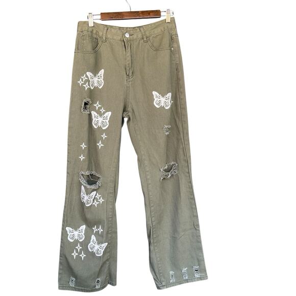 Shein Womens Butterflies Jeans Large Green Distressed Boho Denim Cotton Festival - Picture 1 of 12